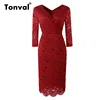 Tonval Red Elegant Floral Lace Office Lady Pencil Dress Elegant Workwear 2022 Women 3/4 Sleeve Bodycon Sheath Dresses ► Photo 1/6
