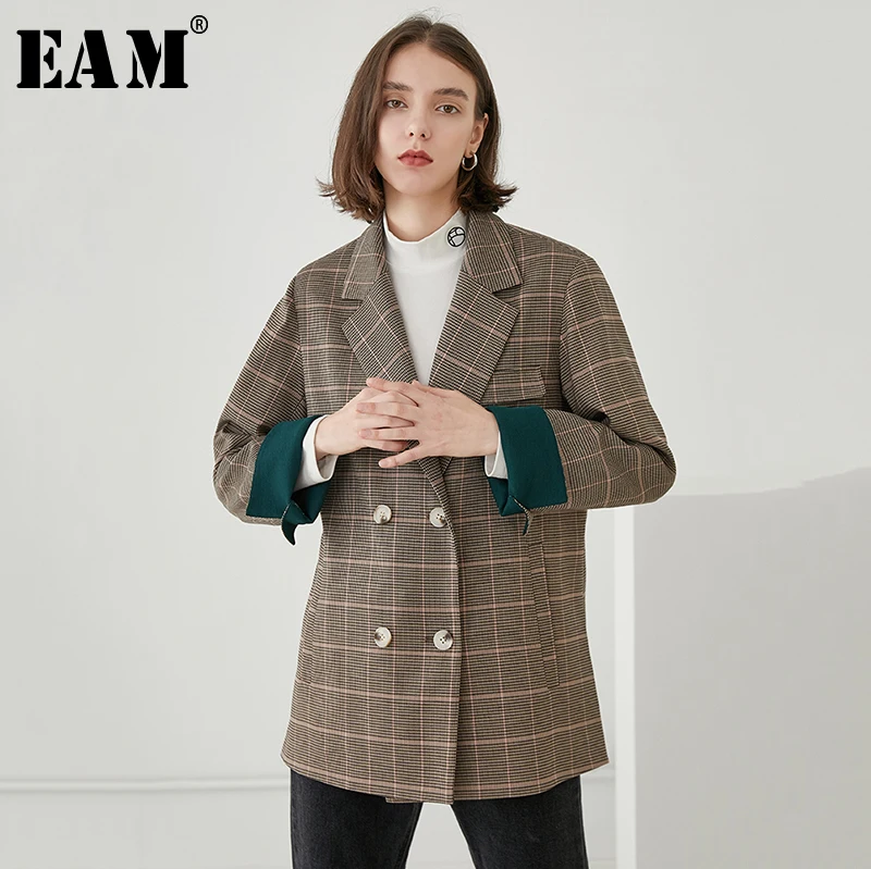 

[EAM] 2019 New Autumn Winter Lapel Long Sleeve Khaki Plaid Cuff Hit Color Stitch Big Size Jacket Women Coat Fashion Tide JQ456