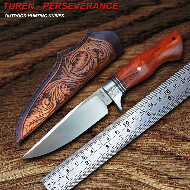 

TUREN-440C Fixed Knife Wooden Handle Vegetable Tanned Leather Sheath 59HRC Handmade Outdoor Survival Tool Hunting Straight Knife