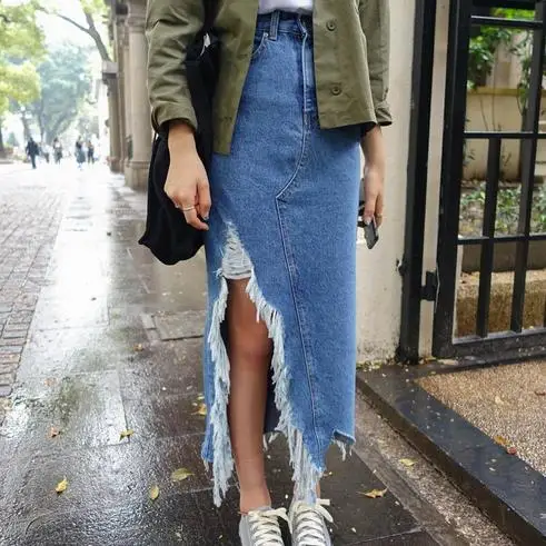 Women Split Front Hole Denim Skirt New Fashion Summer Long Pencil Skirt Women Blue Slit High Waist Casual Skirt AE625