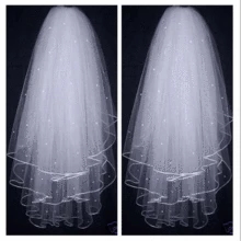 Дешевые три слоя ленты Край свадебная фата с жемчугом белый короткий цвет слоновой кости 3 слоя Фата невесты