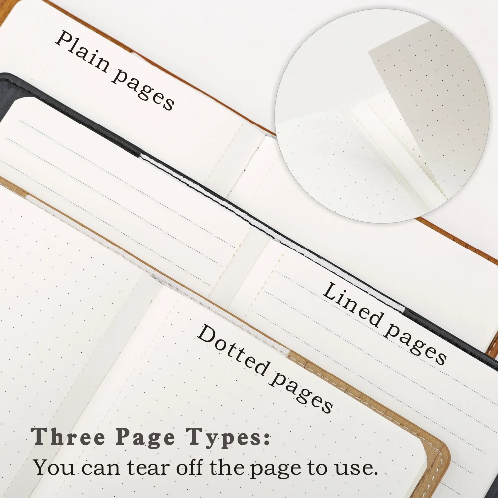 A6 pocket book small notebook with 80 sheets cream paper Dotted pages Lined Plain page each page can be torn off PU leather note