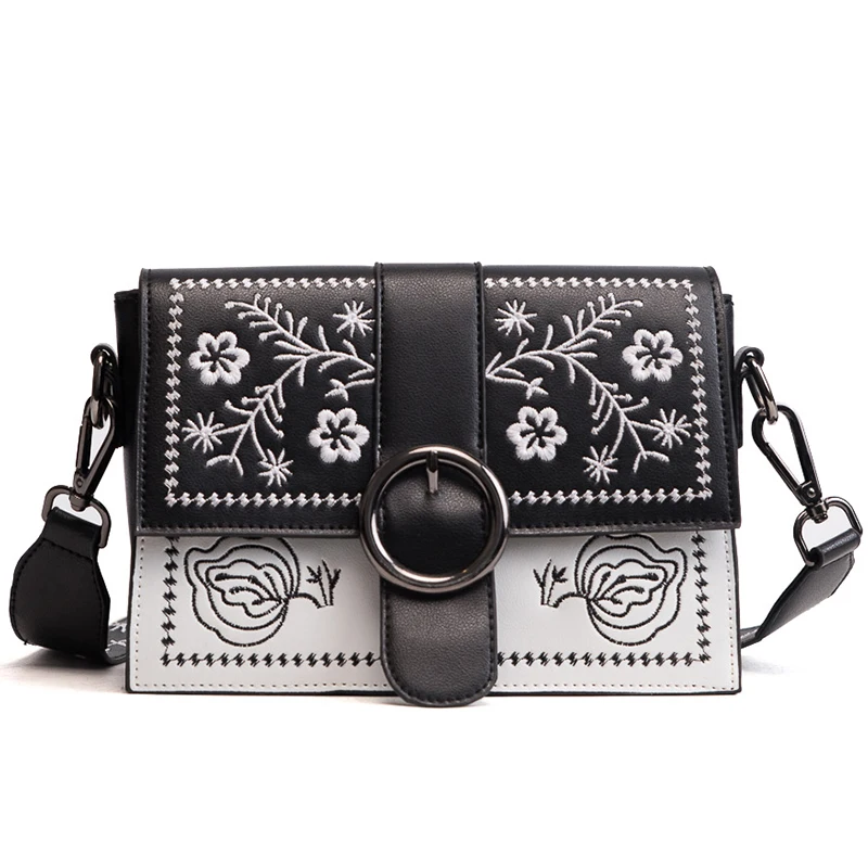 

Black stitching white embroidery flowers pu leather fashion casual ladies shoulder bag Messenger bag handbag female purse