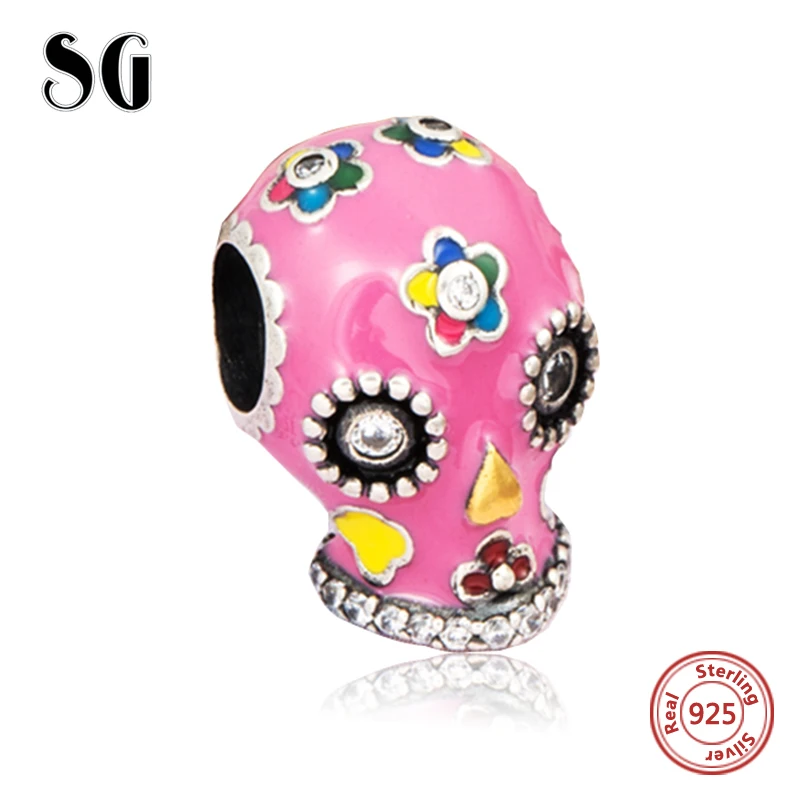

Charms silver 925 skull head with colorful enamel Beads Fit Original European Bracelets DIY Jewelry making Valentine's Day Gifts