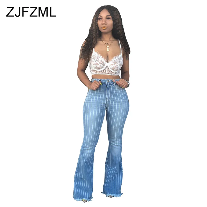 

Sexy Stripes Denim Flare Pants Women High Waist Bell-Bottom Jeans Trousers Plus Size Summer Causal Streetwear Bodycon Sweatpants