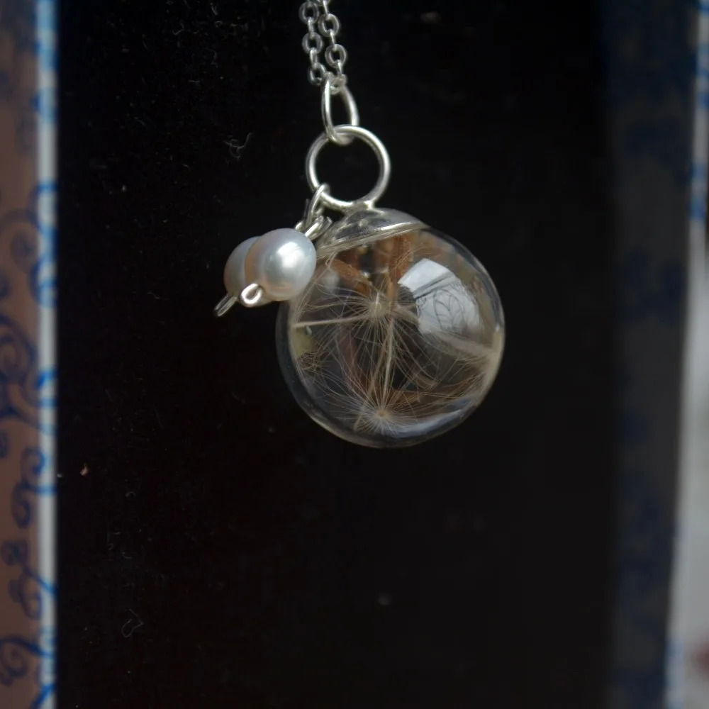 

Dandelion Seed Wish Real Flower Resin Glass Ball Pearl Pendant 925 Sterling Silver Chain Necklace Women Choker Boho Jewelry