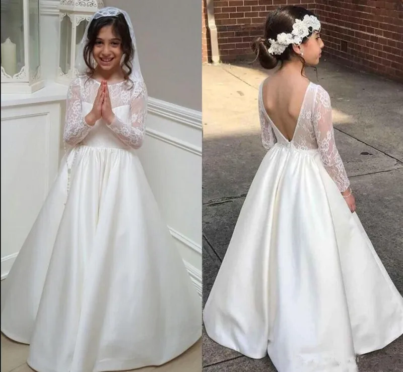 

Cheap Long Sleeves Lace Top Satin Flower Girl Dress V-Back Little Kids Formal Wears Custom Made Pageant Gown For 2-14 Y Princess