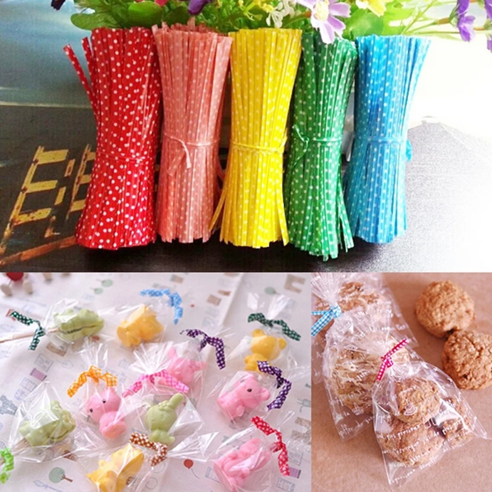 

New Arrive 100 Pcs/pack Colorful Cartoon Dot metallic Twist Ties Wire For Cake Cello Bags Lollipop Pack Fastener Sealing