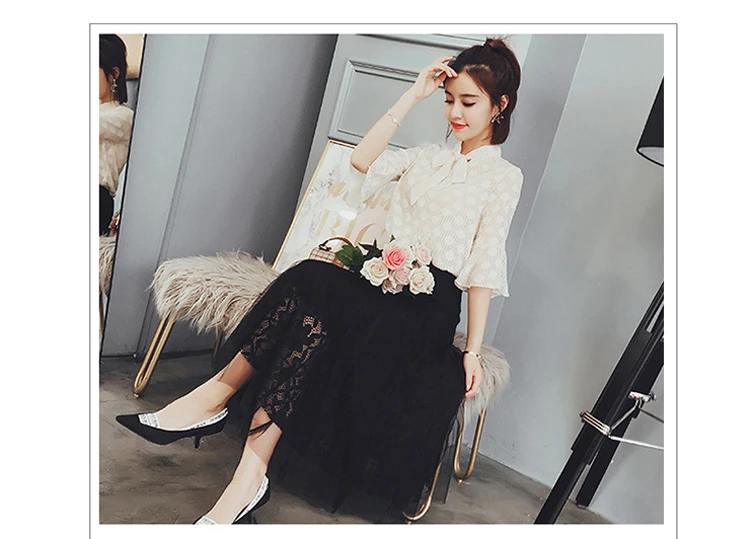 Trumpet Cuff Half Sleeve Bow Neckline Elegant Blouse Black Gauze Skirt Women 2 Piece Set Suit Summer Spring (2)