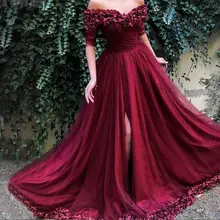 Сексуальные с открытыми плечами бордовые вечерние платья Половина рукава простые цветы пляжные Вечерние платья Вечернее платье для выпускного вечера Длинные