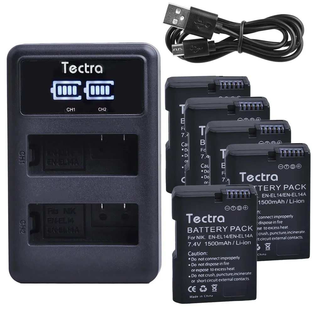 

1500mAh 5Pcs EN-EL14 EN-EL14A Battery for Nikon P7000 D3100 D3200 D3300 D3400 D5100 D5300 D5600 +LED Display USB Dual Charger