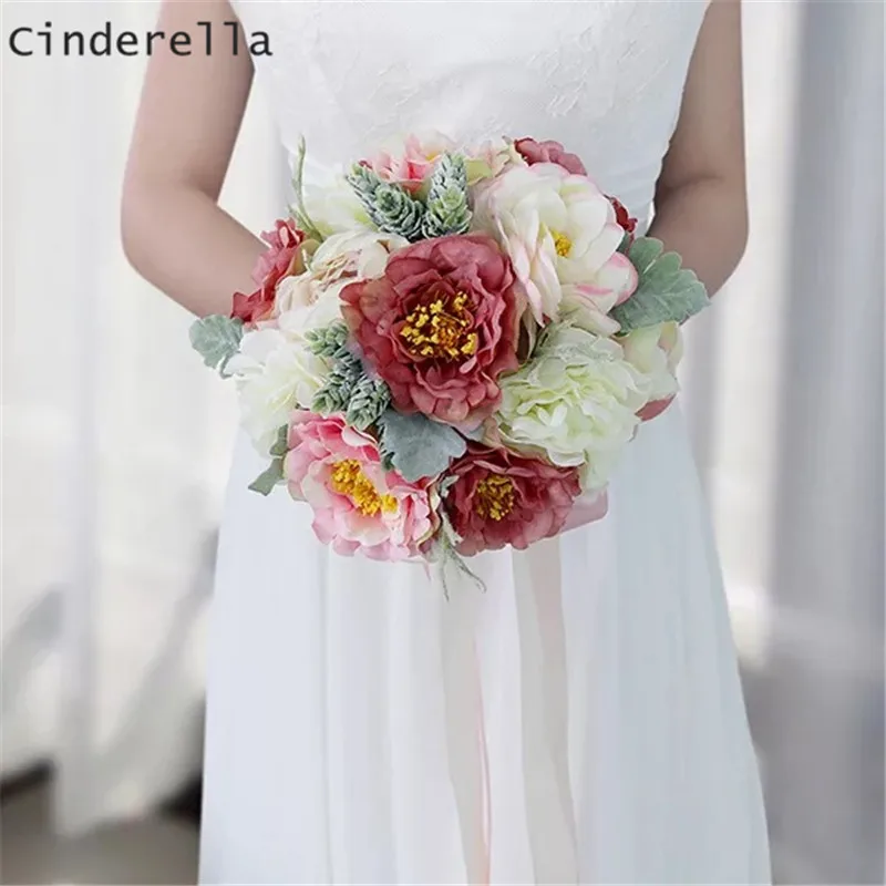 

Cinderella Pink Color Wedding Bouquets Bridal Bridesmaid Flower Artificial Simulate Ivory Flower Bouquets