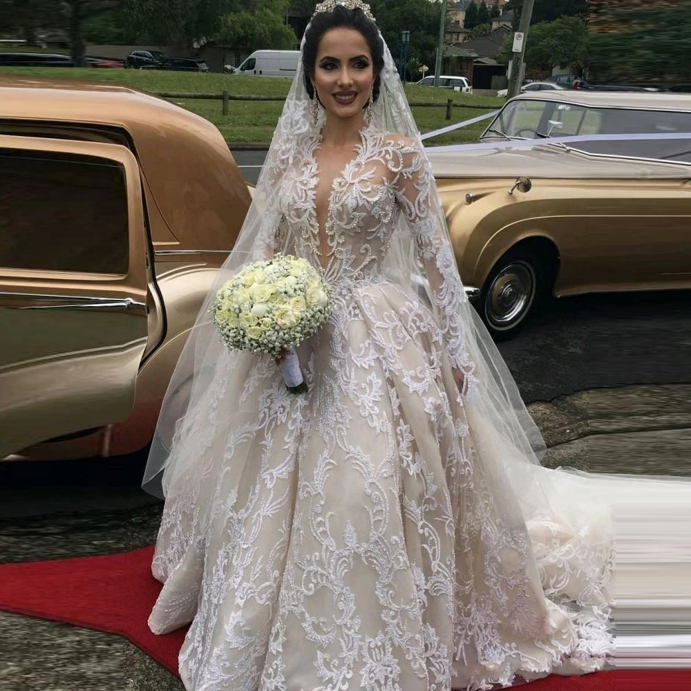 Precioso vestido de novia de encaje completo, ilusión, manga larga, cuello de pico profundo, perlas de lujo, hecho a 2018|Vestidos| - AliExpress
