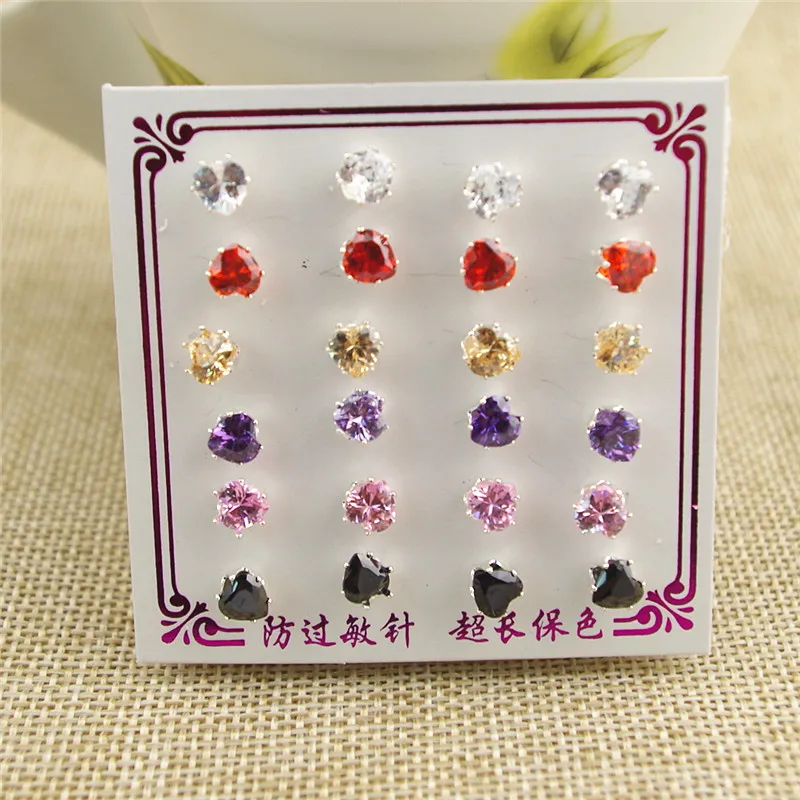 

24PCS\PACK High Quality colorful crystal stud earrings heart zircon earring jewelry best gift for women and girls D-554