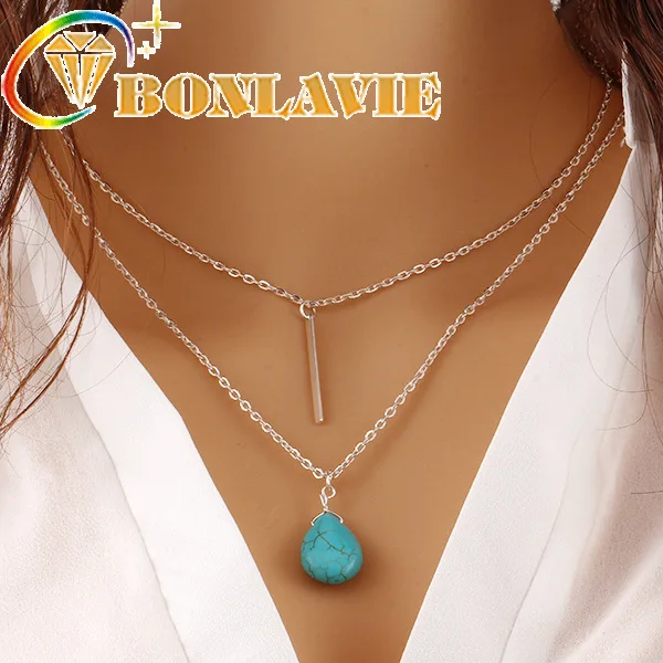 Double Layer Sliver Mental Chain Necklace 2018 New Women Green Natural Stone Water Drop Pendant Necklaces Fashion Jewelry | Украшения и
