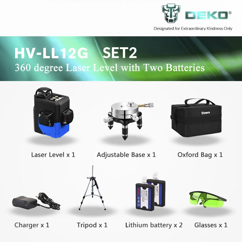 Green Laser Set 2 DEKO HV-LL12, 12 линий, 3D лазерный уровень, самонивелирующийся, 360 градусов, горизонтальный и вертикальный крест, мощный, открытый, можно использовать детектор - Цвет: Green Laser Set 2