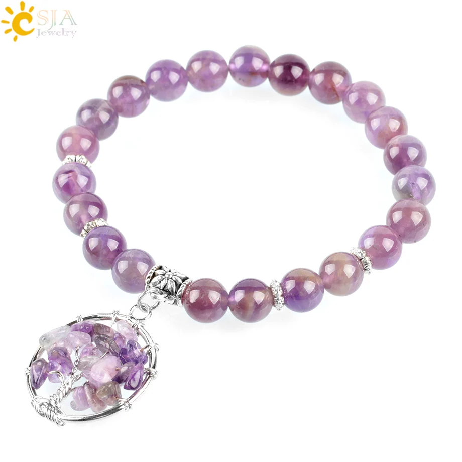 

CSJA Reiki Sahasrara Chakra Stone Natural Amethys Gem Beads Strand Bracelet Jewelry Yoga Meditation Tree of Life Bracelets E873