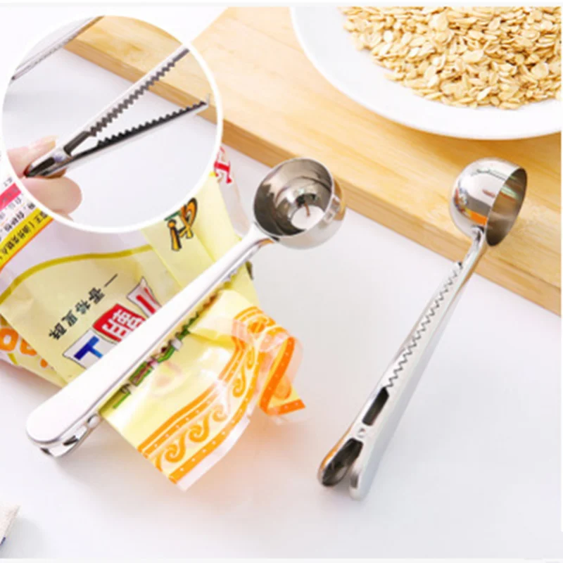 Multifunctional Round head Stainless Steel Coffee Measuring Scoop With Bag Clip Sealing Tea Measuring Spoon Kitchen Tools