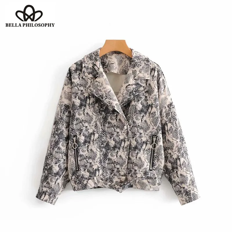 Wonder 2018 new Vintage snake skin print casual Motorcycle jacket ladies long sleeve zippers flight jacket sashes outwear Coat