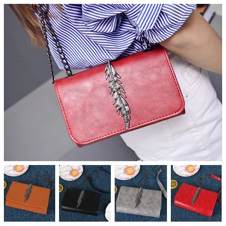 Women Chain Messenger Bag Mini Leaves Decorated Autumn Bag PU Leather Small Shoulder Bag New Arrival