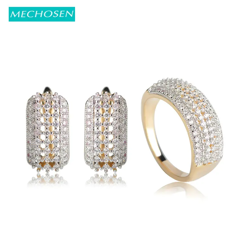 

MECHOSEN Romantic Sparkling Zirconia Earrings Rings Set For Women Party Gold Jewelry Sets Anel Aneis Boucles d'oreilles Brincos