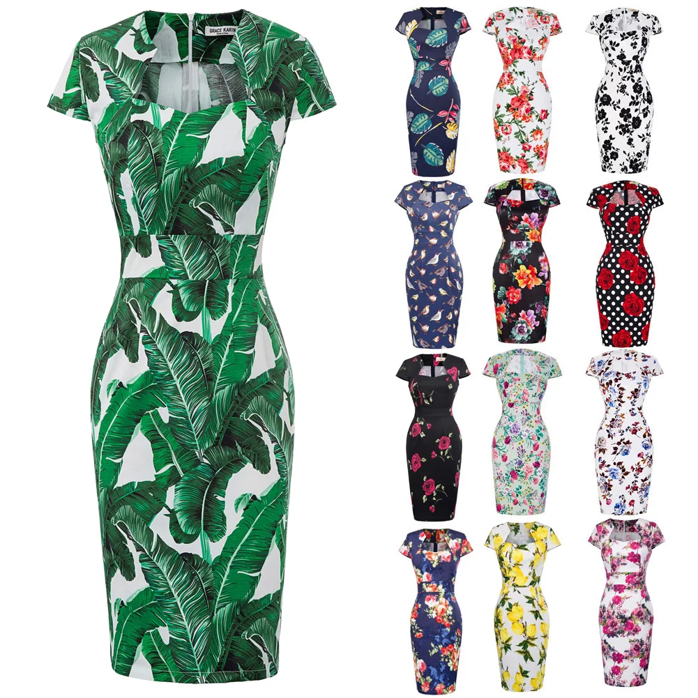 Grace Karin Dresses Retro Vintage Cotton Hips-Wrapped knee length floral polka dot slim party Bodycon Pencil Dress women vestido ► Photo 2/6