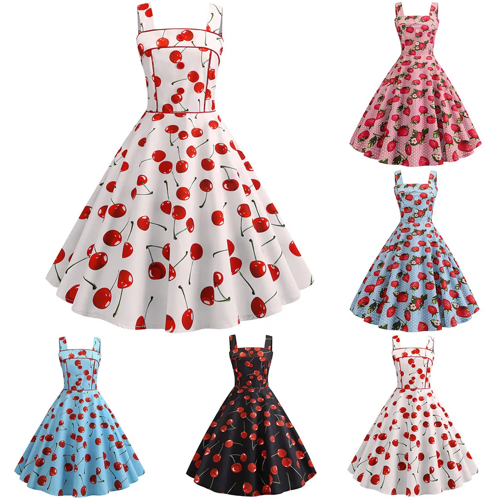 

Women Vintage 1950s Sleeveless Strappy Printing Evening Party Prom Swing Dress Spring Summer Autumn Vestidos