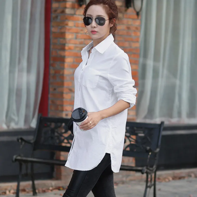 Женская белая блузка в стиле бойфренда с длинным рукавом, рубашка большого размера, модные хлопковые топы с воротником, повседневные свободные рубашки - Цвет: White Long Blouse