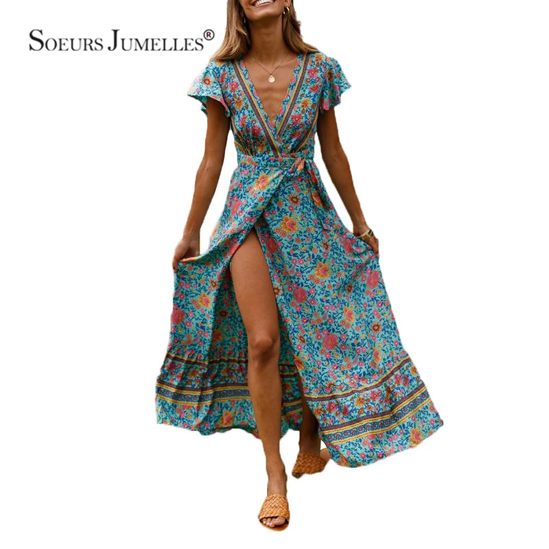 

Summer Print Dress Women 2019 Holiday V-Neck Tunic A-line Boho Beach Sundress Sexy Elegant Brand Vestidos 9031