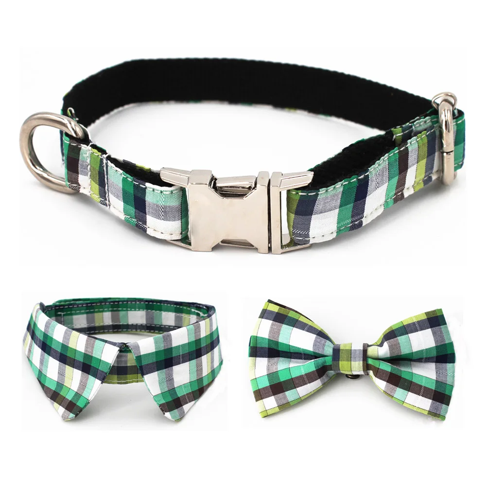 New Coming Green Plaid Dog Bow Collar Shirt Collar 5 size to choose