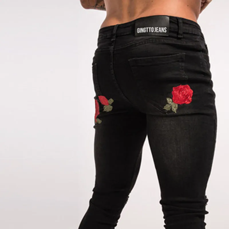 2018 New Jeans Men Black Back rose Men Jeans Trousers Male Denim Slim Straight Cut Fit Men Jeans Pants