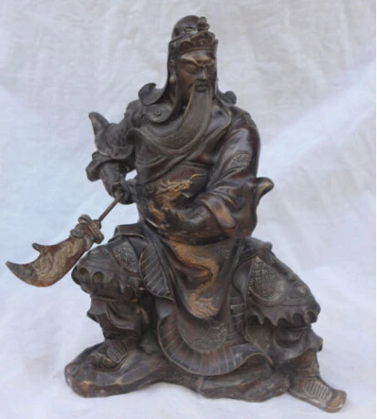 

RHS0053 14"Signed China Bronze Gilt Dragon Guangong Guan Gong Guan Yu Hold Sword Statue