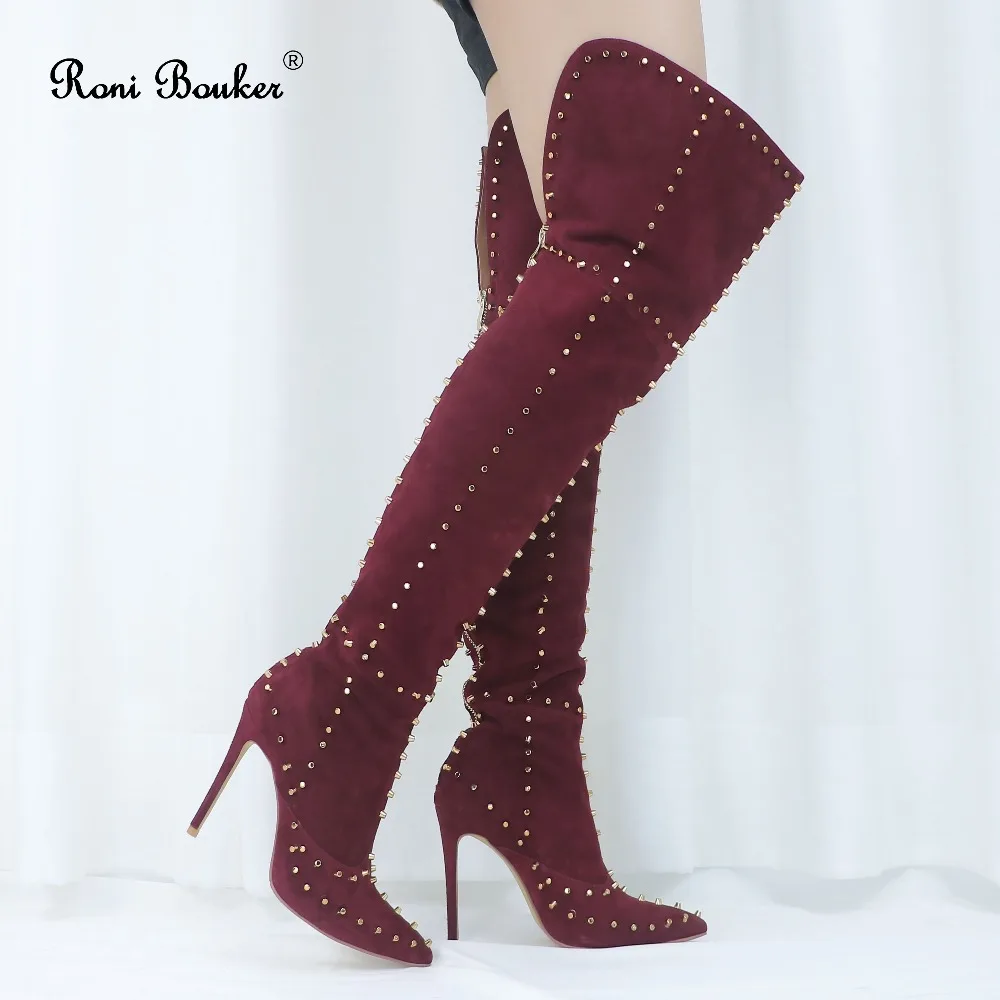

Roni Bouker Genuine Leather Shoes Female Over-The-Knee High Heels Boots Woman Fashion Stiletto Heel Pointed Toe Back with Zipper