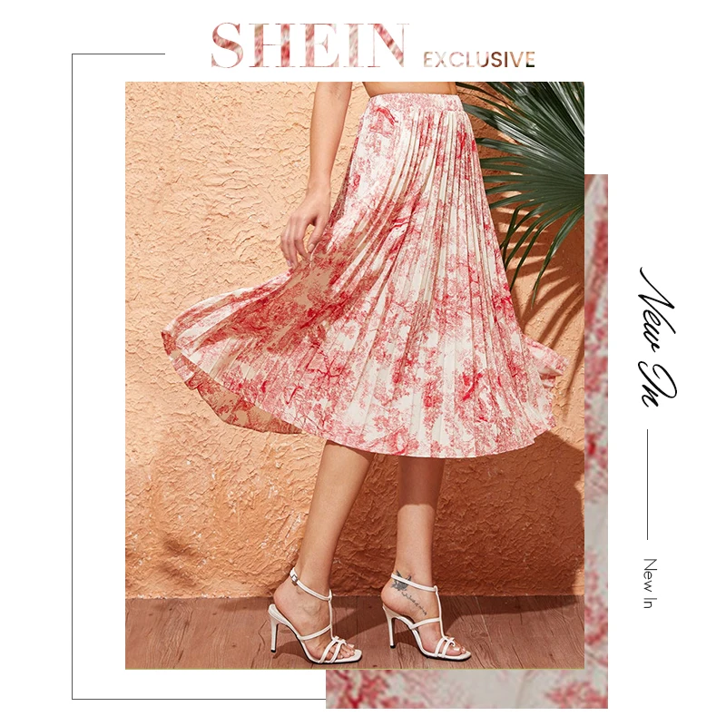 SHEIN, Женская плиссированная юбка с пейзажным принтом, весна-лето, Boho, высокая талия, длинные юбки для дам, трапециевидная элегантная юбка миди