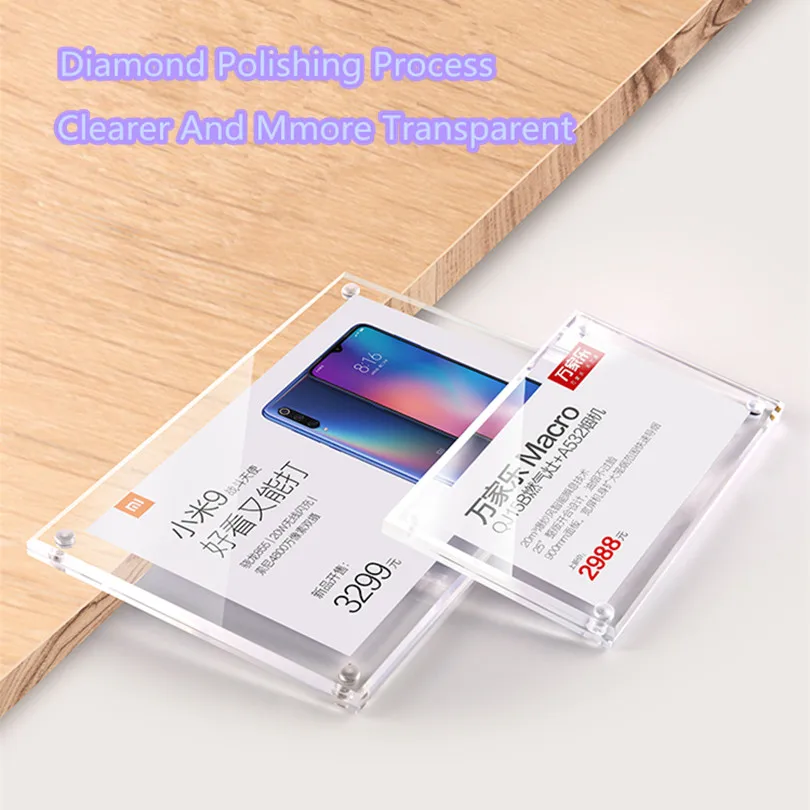 

90x55mm New Style Wall Mount Adhesive Transparent Acrylic Price Label Tag Rack Table Sign Card Paper Holder Frame Display Stand