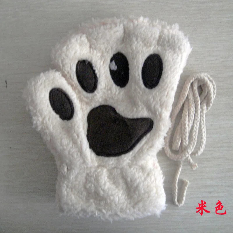 Winter cute cartoon cat girl mitt thickening fluff bear paw half finger gloves G22 - Цвет: Beige