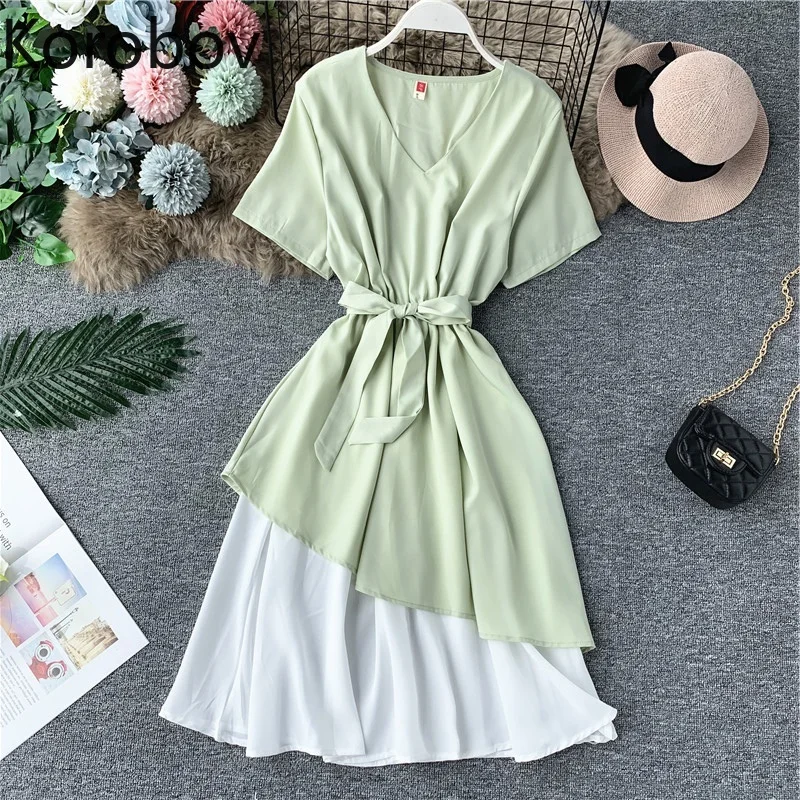 

Korobov Korean Hit Color Patchwork Fake 2 Piece Dress Elegant Sashes Lace-up Dresses A Line Stretch Waist Slim Vestidos 78514