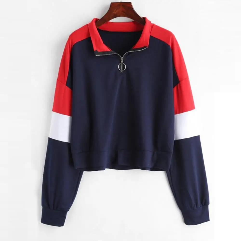

Harajuku Sweatshirt Womens Solid Long Sleeve Splice Sweatshirt Short Pullover Zipper Tops Blouse Outdoor Sport Sweatshirt Tops