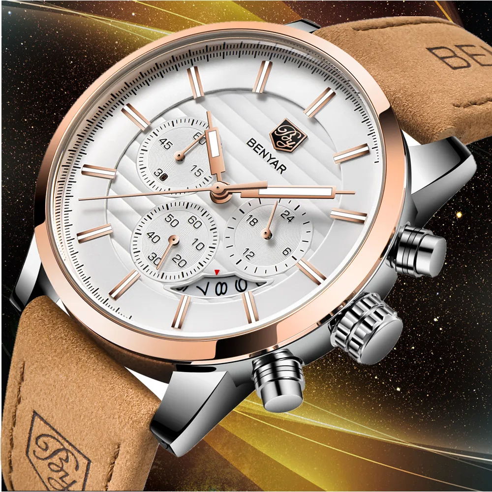 Goede BENYAR Nieuwe Mannen Horloges Luxe Merk Chronograaf Sport Waterdichte Lederen Quartz Horloge Relogio Masculino erkek kol saati