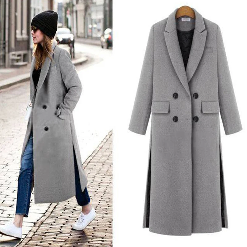 

2017 Women Fall / Winter Simple Notched lapel Woolen Cashmere Long Coat Female Overcoat Manteau femme