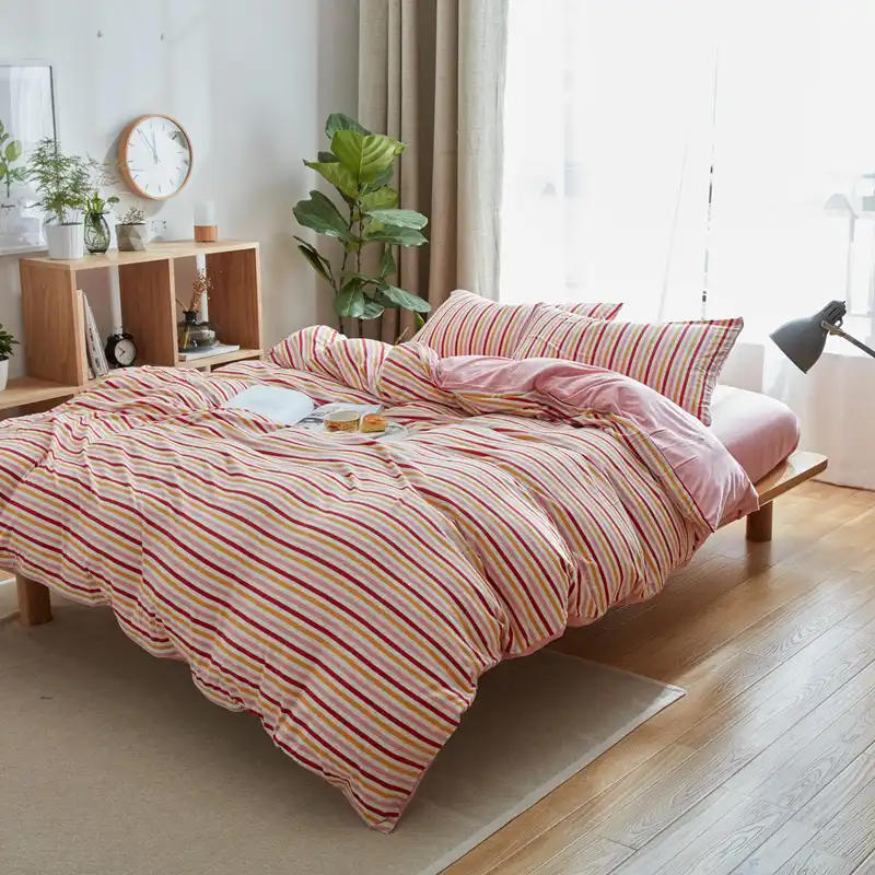 100 コットン美しいストライプ寝室セット4ピースレッドピンクオレンジストライプ布団カバー枕固体ピンクシーツクイーン王 Aliexpress