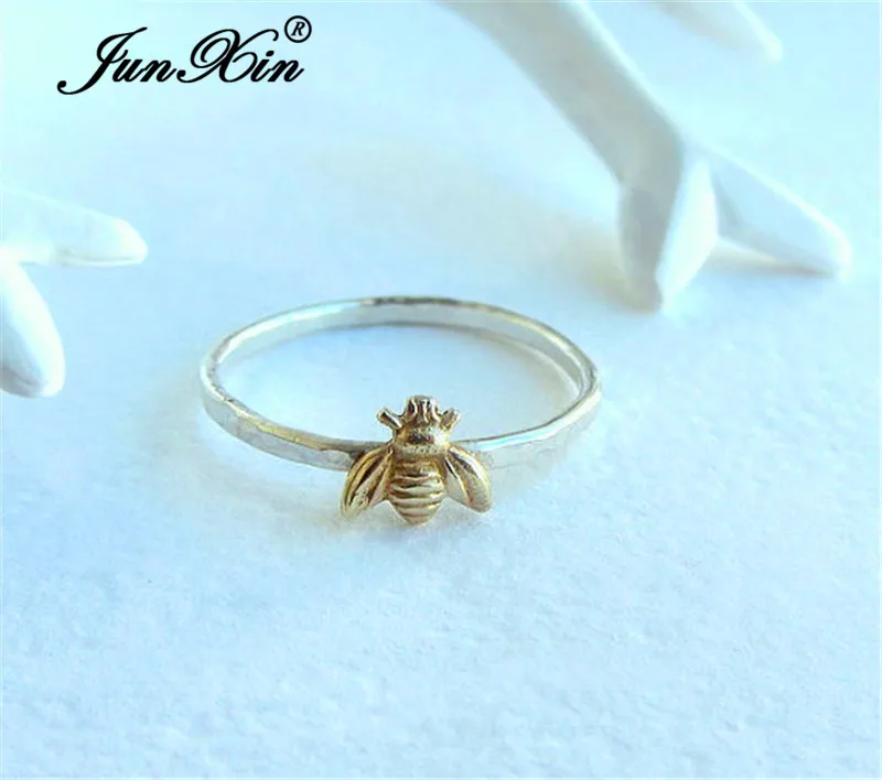 JUNXIN Female Male Cute Small Gold Bee Rings For Women Men 925 Silver Filled Stackable Joint Midi Ring Minimalist Jewelry Gifts