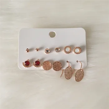 

CHIC ROSE GOLD COLOR PLATING RED STONE FILIGREE STONE 6 PAIR EARRINGS SET FOR WOMEN GIRL