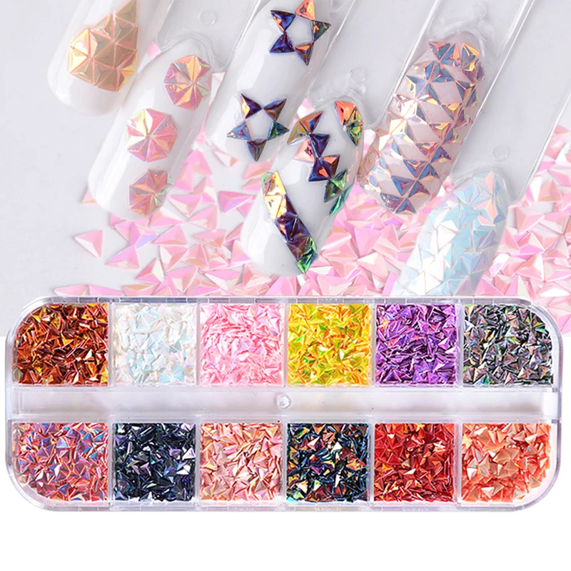 

1 Case Nail Art Sequins AB Color 3D Triangle Paillette Colorful Chameleon Flakes Glitter Tips Nail Decoration 12 Grid TR01-12