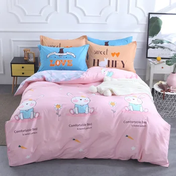 

lovely cute rabbit 79"x91" duvet cover by plaid flat sheet pillow case/Reactive printed 4pcs kids bedding sets pink