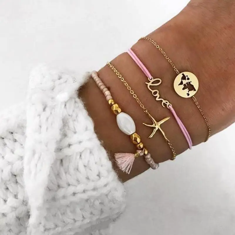 

4 Pcs/set Gold Metal Chain Starfish Tassel Letter Lover Map Circle Charms Beautiful Ladies Bracelets Simple Daily Party Jewelry