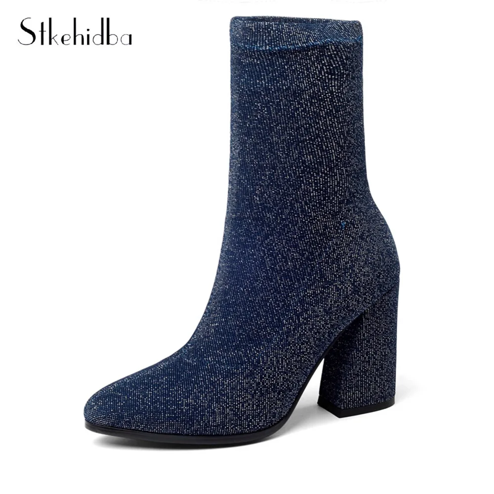 Tacones Punta Moda Dedo purple Tobillo Botas Calcetín Del Mujeres Las Pie Otoño Chunky Estiramiento De Botines Altos 43 34 blue Black Elástico Sexy Stkehidba En YTS6xwT