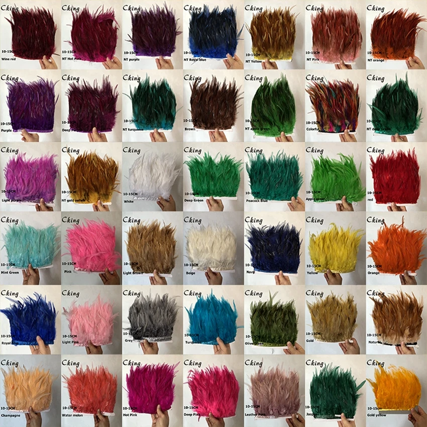 

CKing 42 colors 10 meters Rooster Hackle Feather Trims fringes 10-15cm 4-6inches Saddle Feather Ribbons Chicken Feather trimming
