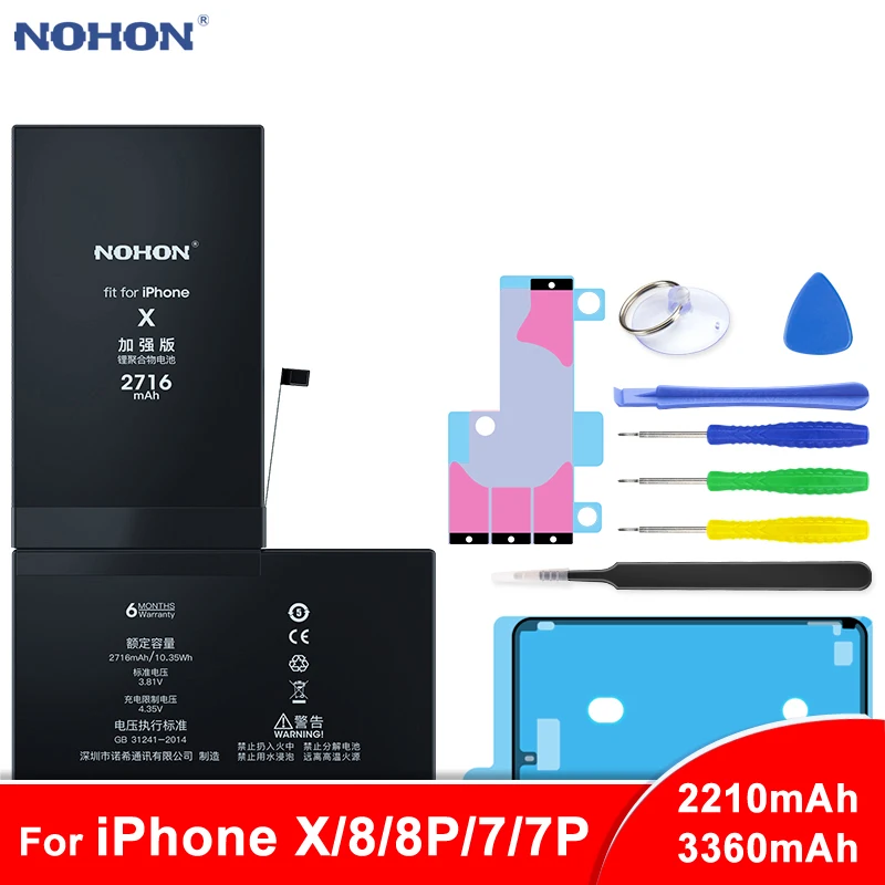 Литий-ионный аккумулятор NOHON для iPhone X 7 8 Plus 7 Plus 8 Plus, Сменные Аккумуляторы для телефонов iPhone7 iPhone8, максимальная емкость