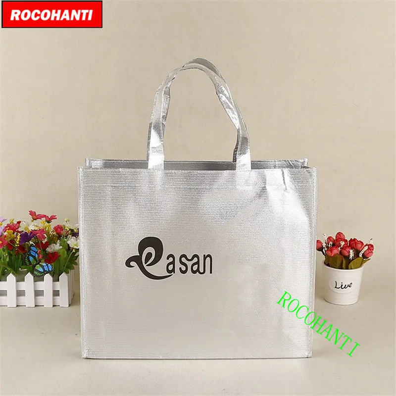 100PCS Metallic Fashion Tote Bag , 85 GSM Laminated Material , Printed With Your Own Design , 11.8×15.7×3.9 inch